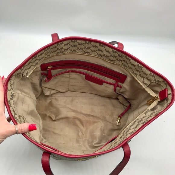 Michael Kors Beige Canvas And Red Leather Trim Monogram Tote Bag - Picture 10 of 10